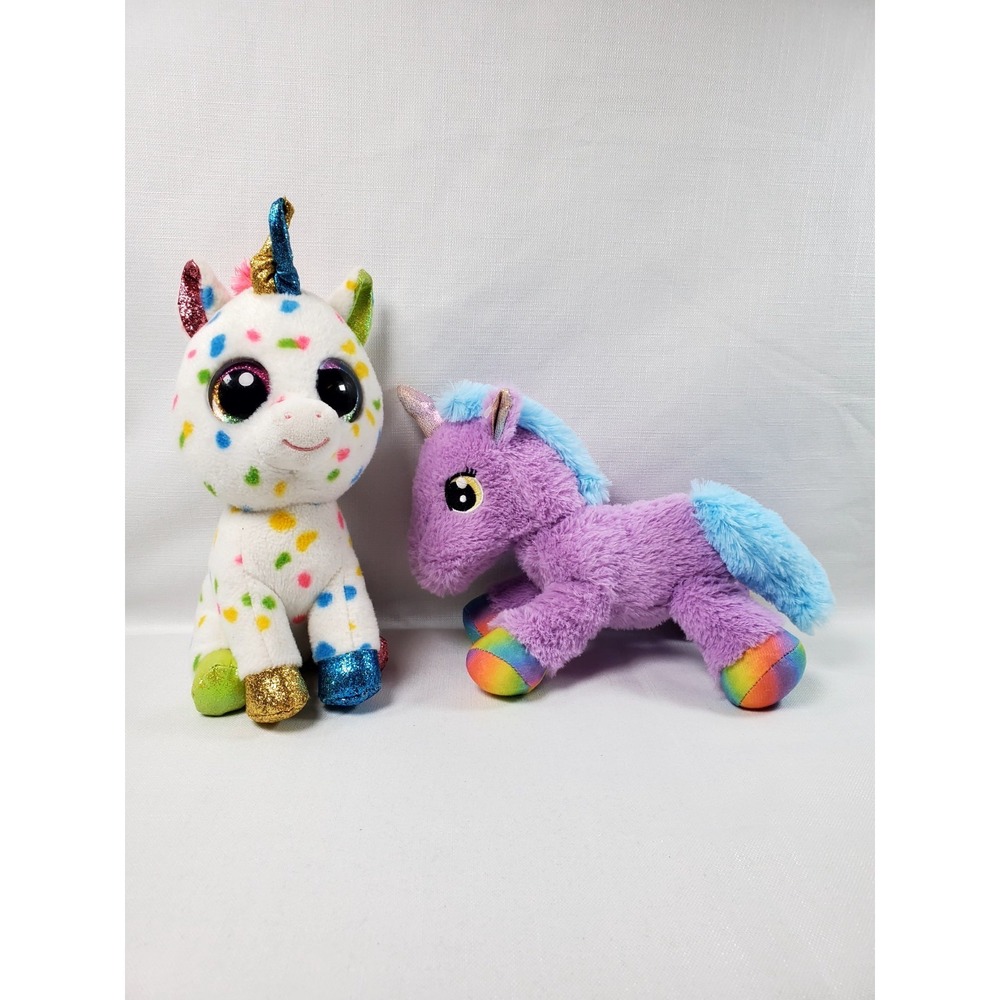 Lot Of 2-TY Beanie Boos "Harmonie" Unicorn & Purple Rainbow Hoof Unicorn Plushie